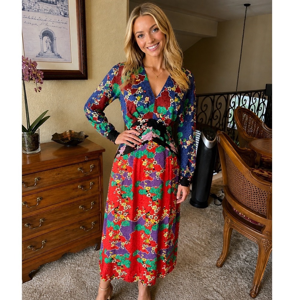 Rixo London Floral Print V-Neck Midi Dress Long Sleeve Ruched Waist Multi Color